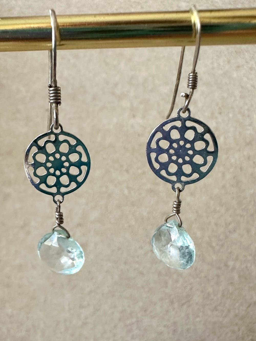 Silver Tone Aqua Blue Faceted Drop Earrings Filigree Boho - Picture 6 of 6